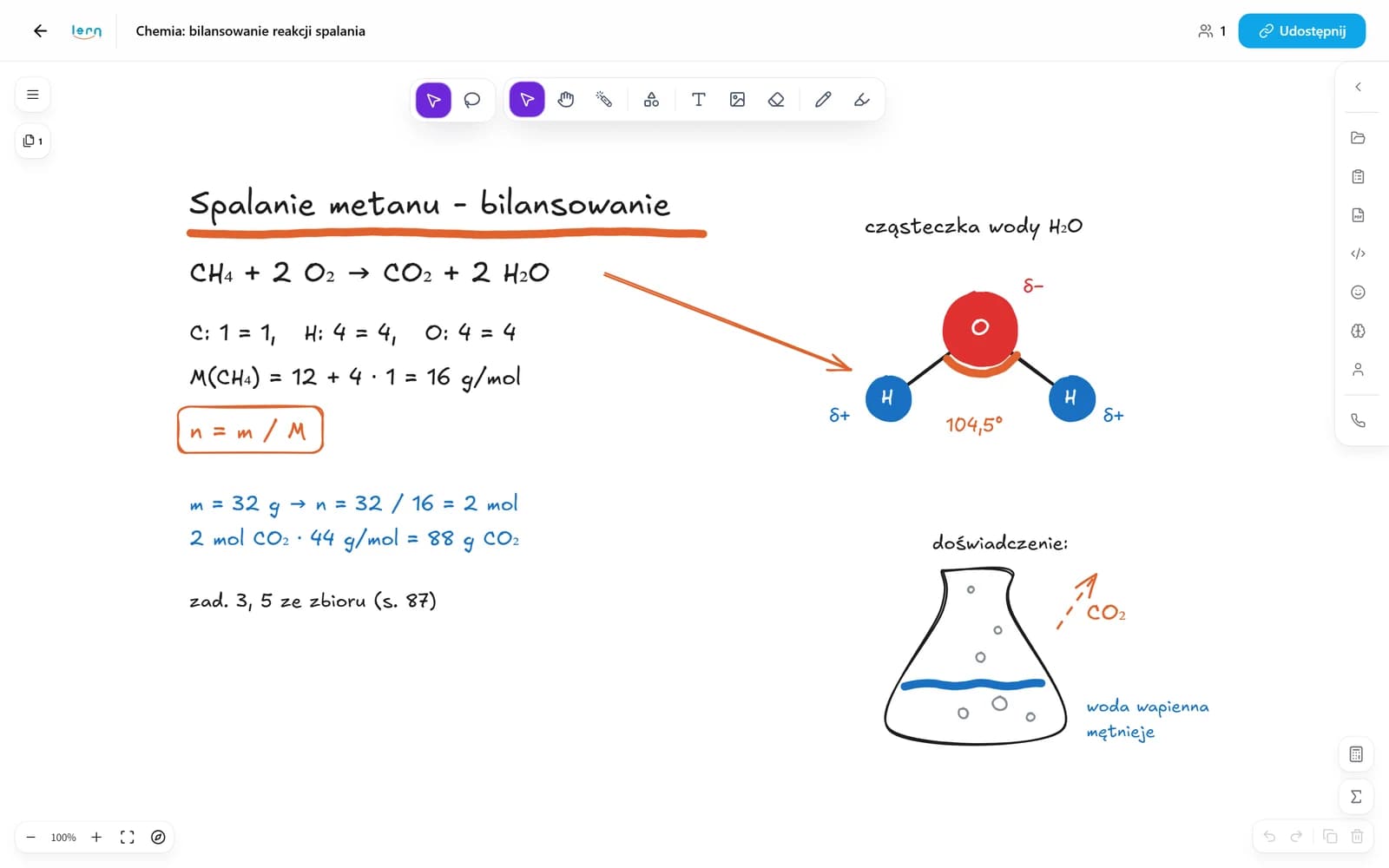 Tablica interaktywna Lern One podczas lekcji chemii online w Eduloop: bilansowanie reakcji spalania i cząsteczka wody